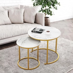 Round Coffee Table Set of 2  Modern Marble Texture Accent Tables – Gold
