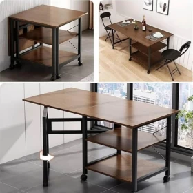 Adjustable Wooden Table with Lower Shelves & Wheels