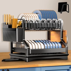 2-Tier Black Stainless Steel Dish Drainer with Utensil Holder & Drip Tray