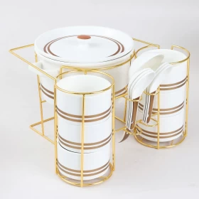 Orchid Ceramic Soup Set with Stand – 15 Pieces (Gold, SPS60)