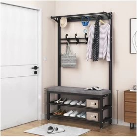 3-in-1 Hall Tree Entryway Coat Rack with Velvet Shoe Bench – Black