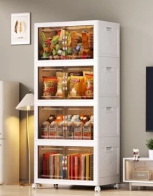 Foldable Plastic Storage Box – 4 Layers with Wheels and Doors