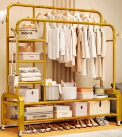 Double Clothes Rack  – Gold Rolling Wardrobe & Organizer